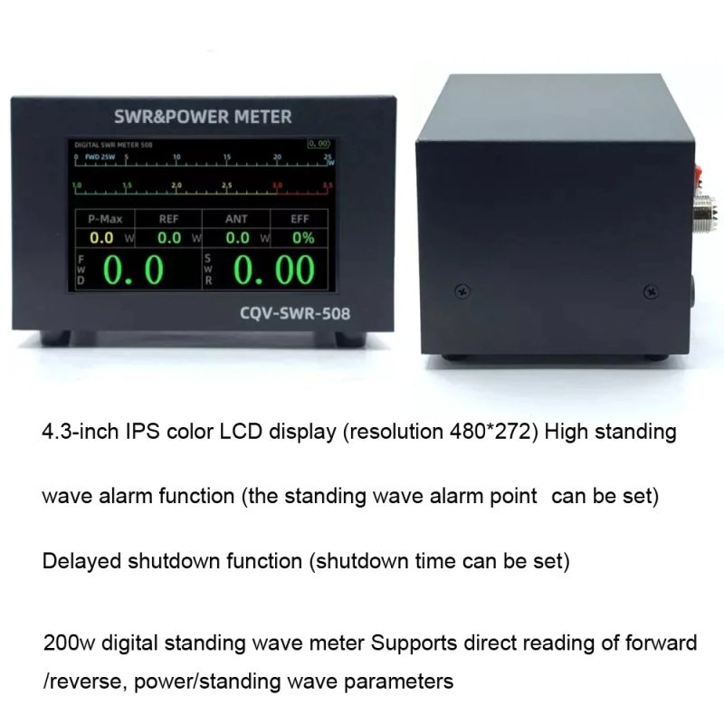 SWR Power Meter CQV-SWR-508 200W Digital Standing Wave Meter Work from 1.8-54Mhz 4.3-inch IPS Color LCD display - Image 5