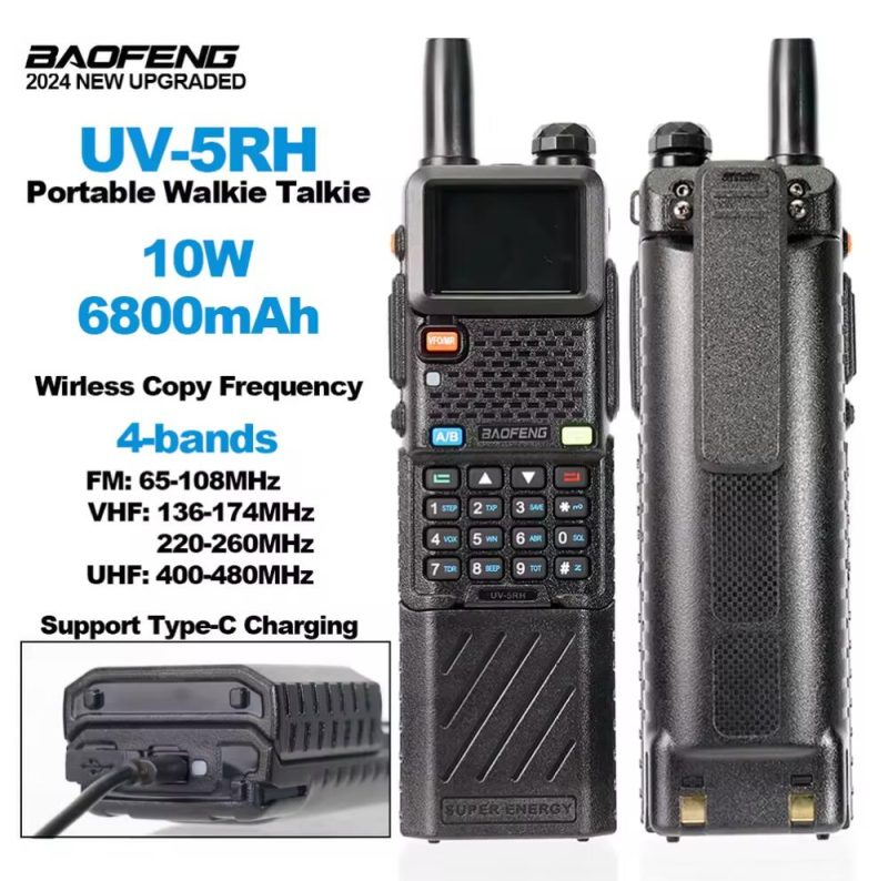 BAOFENG UV-5RH Walkie Talkie With Upgraded Battery 6800mAh BF-UV5RH Two Way Radios 10W 999CH Wirless Copy Frequency FM Radio 5RH