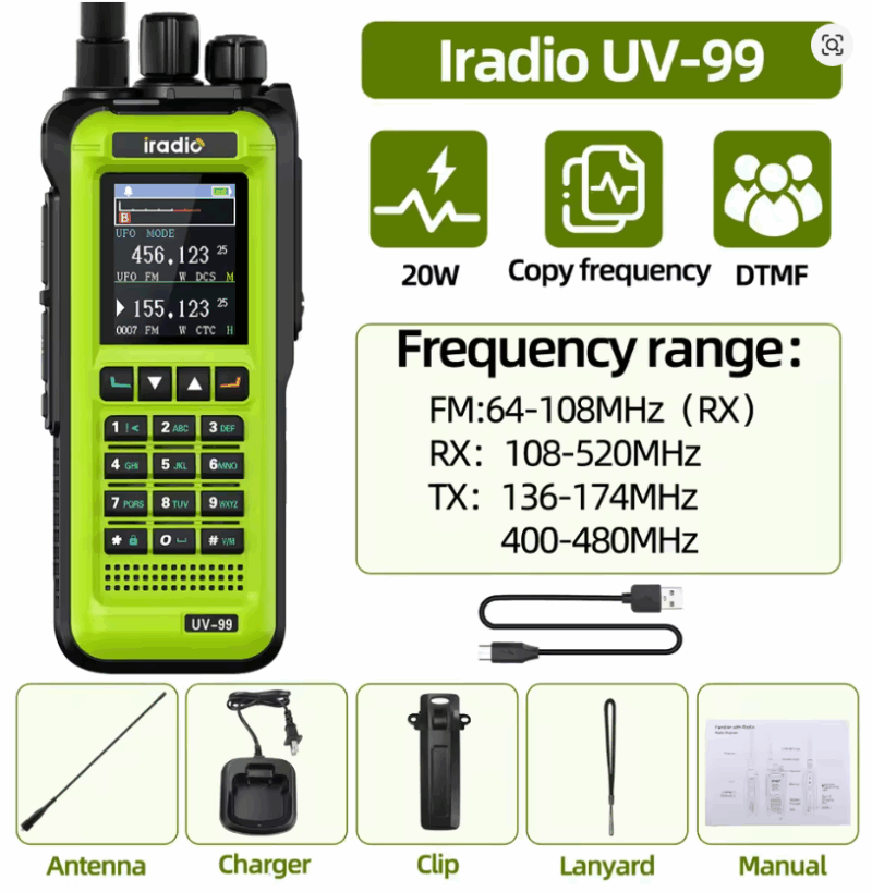 Iradio UV-99 Mutli Band Walkie Talkie 20W High Power Air Band 1024CH Wireless Copy Frequency DTMF Type-C Long Range Ham Radio - Image 5