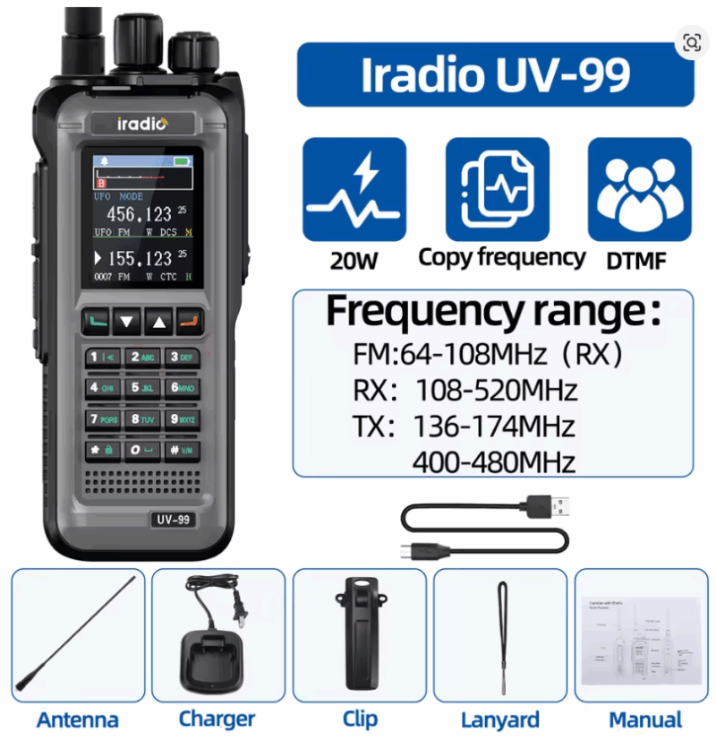 Iradio UV-99 Mutli Band Walkie Talkie 20W High Power Air Band 1024CH Wireless Copy Frequency DTMF Type-C Long Range Ham Radio - Image 6
