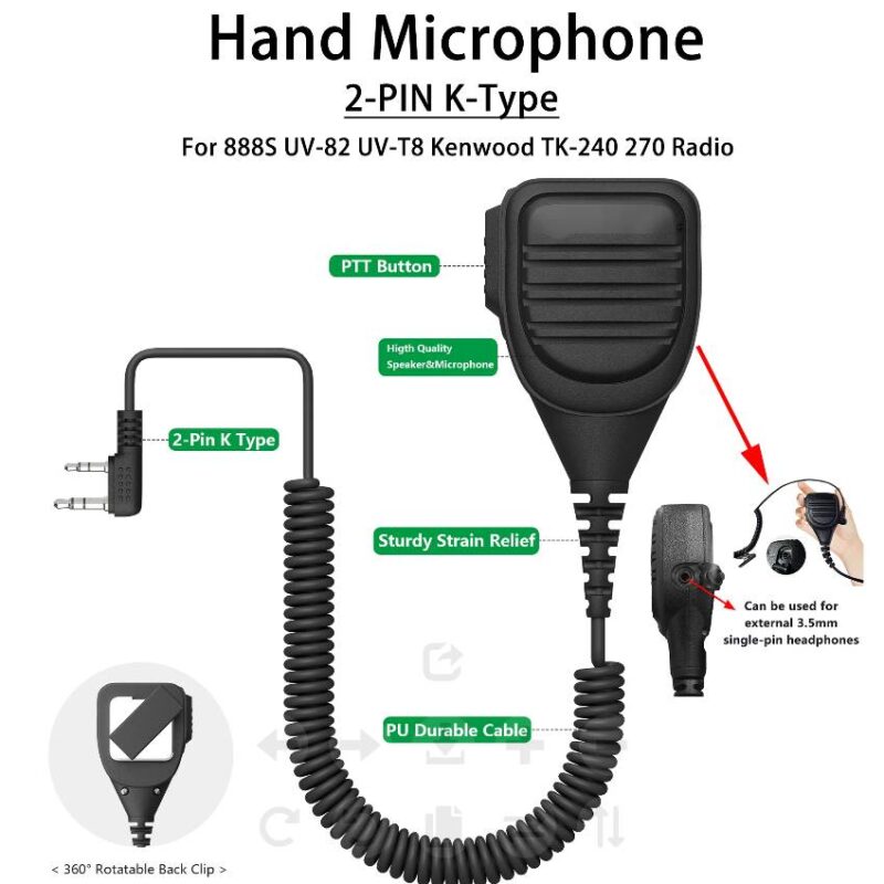 Hand Microphone Single PTT 2-Pin K-Type Walkie Talkie Speaker Compatible With Baofeng UV-32 UV-25 Quansheng Kenwood TYT Radio