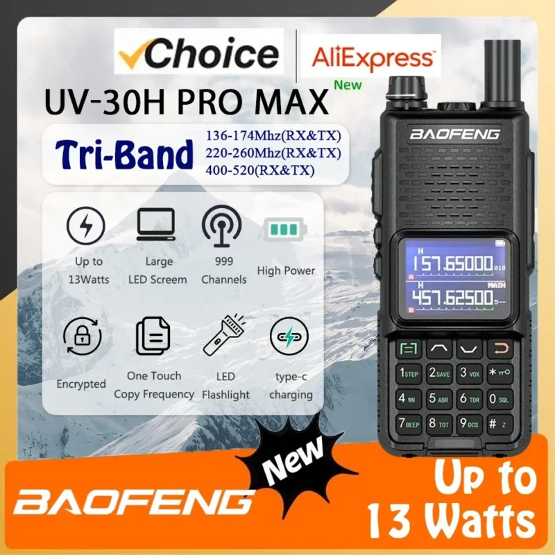 Baofeng UV-30H Pro Max Long Range Two Way Radio 13W Tri-Band Type-C Charging FM High Power NOAA 999 Channel Walkie Talkie