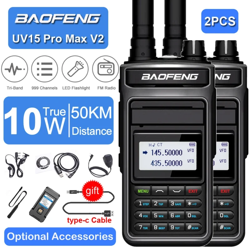 2pcs Baofeng UV15 Pro Max V2 10W High Power Walkie Talkie Long Range 999CH UHF VHF Dual Band CB FM Radio Two Way Radio