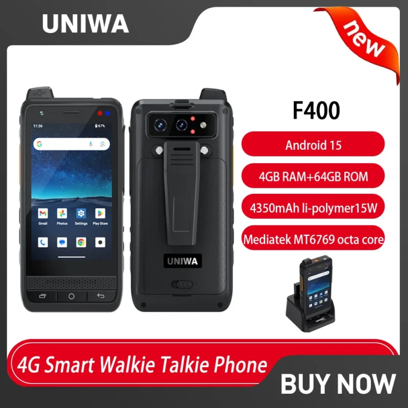 UNIWA F400 4G Zello Walkie Talkie Rugged Smartphone 4" Dual SIM Card Android15 5.0MP 13MP 4GB+64GB 4350mAh 15W 13MP SOS NFC