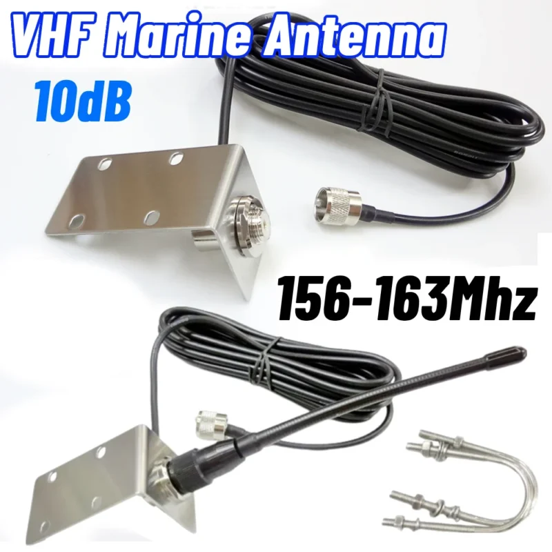 156-163Mhz VHF Marine Antenna Rubber Waterproof Mast Aerial with 5M/16.4ft RG-58 Cable L Shape Bracket for Boat Sailboat Yacht